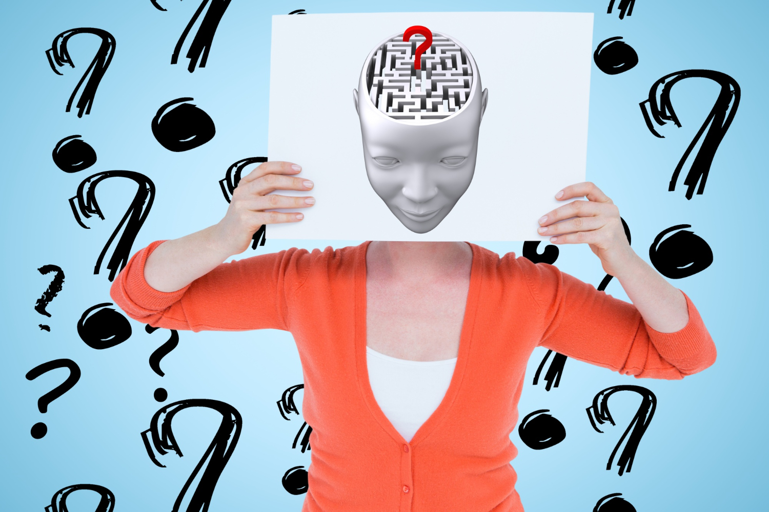 woman with poster with drawing head